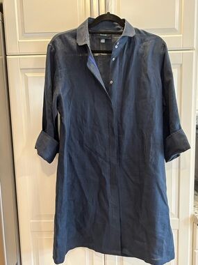 Faconnable Navy Blue Linen Shirt Dress